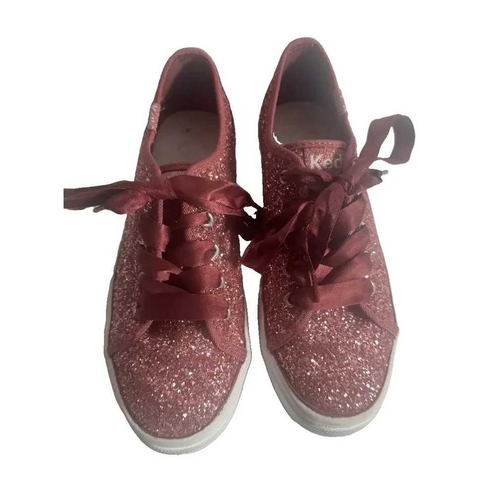 Keds Girls Pink Glitter Platform Sneakers Satin Ribbon Lace Shoes Youth Size 1